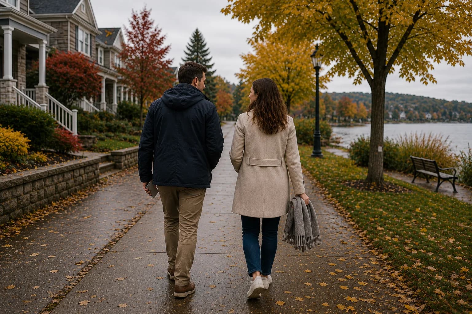 A couple discussing their financial plans while walking through their neighbourhood.